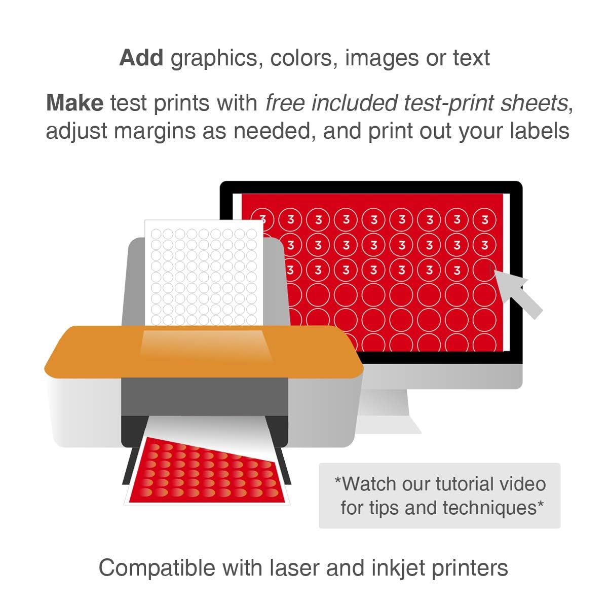 ChromaLabel 0.75-inch round printable labels for laser and inkjet printers, white stickers with 108 dots per sheet, 2700 total.