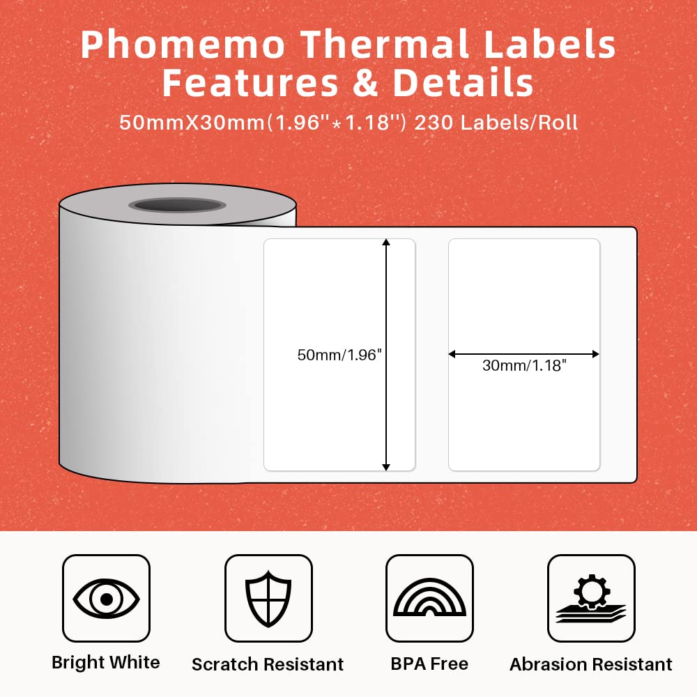 1 Rolls Phomemo Transparent Square Label, 1.96'' x 1.18"(50X 30mm), 230 Labels/Roll & 1 Roll White 1.96'' x 1.18"(50X 30mm) Label, 230 Labels/Roll, Multi-Purpose Self-Adhesive Tag