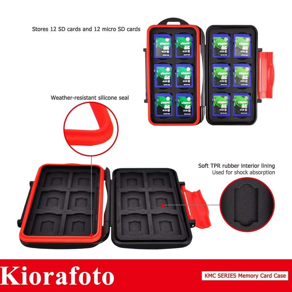 Kiorafoto water-resistant memory card case with 120 labels, holds 12 SD and 12 Micro SD cards securely.