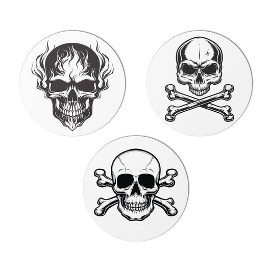 2 inch, Circle Dot Labels, Skull & Bones Stickers - Flaming Skull Stickers - 3X Different Designs (300 Labels, Black & White) 300 Labels