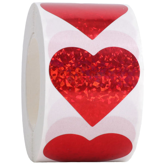 1.5" Red Heart Stickers with Glitter Holographic Gravel Pattern, 500 pcs Sparkling Adhesive Heart Sticker Labels per Roll, Love Stickers for Personal and Business Use 1.5 inch