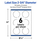 Avery® Outdoor Waterproof Round Labels, Sure Feed® Technology, 2.75" Diameter, White Film, Print-to-the-Edge, Compatible with Laser Printers, 150 Labels Total