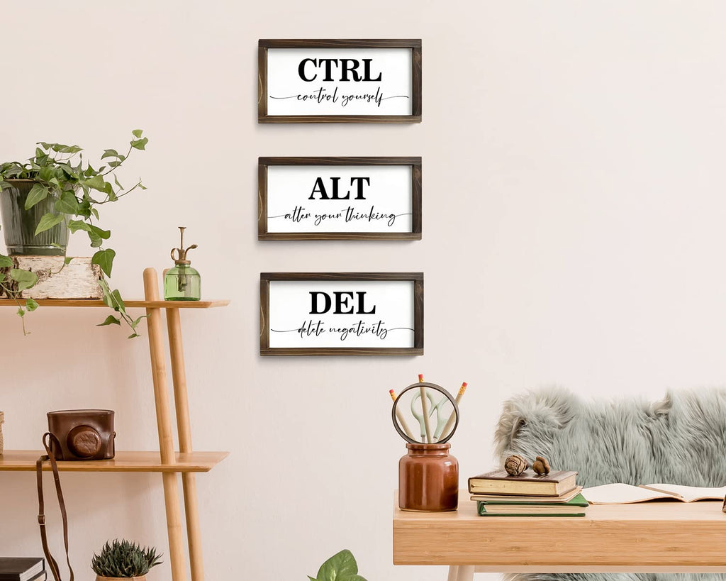 Pinetree Art Motivational Wall Decor for Office, Set of 3 Rustic Wooden Framed Signs, CTRL ALT DEL Inspirational Wall Art for Home Office, Classroom, Desk Wall, Positive Mindset Decor, (6"x12"x3) 6"x12"x3 rusitc