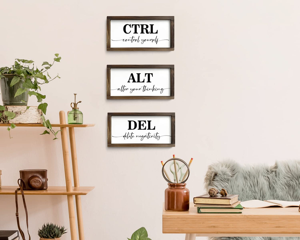 Pinetree Art Motivational Wall Decor for Office, Set of 3 Rustic Wooden Framed Signs, CTRL ALT DEL Inspirational Wall Art for Home Office, Classroom, Desk Wall, Positive Mindset Decor, (6"x12"x3) 6"x12"x3 rusitc
