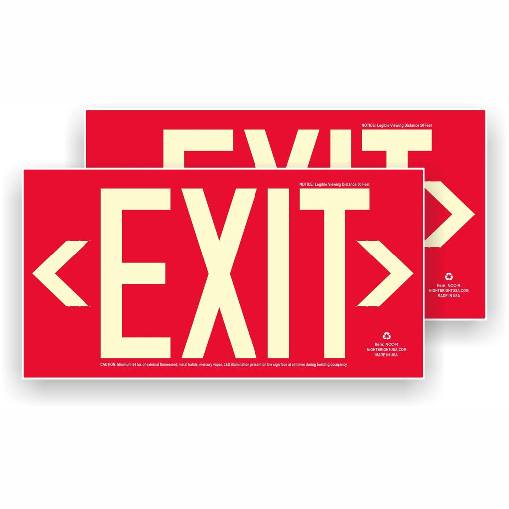 Photoluminescent Exit Signs | Pack of 2 | OSHA-ASTM-ANSI American Standard | Aluminum 14.25" x 7.5" | Weather Proof | NightBright USA Item: NCC-R II