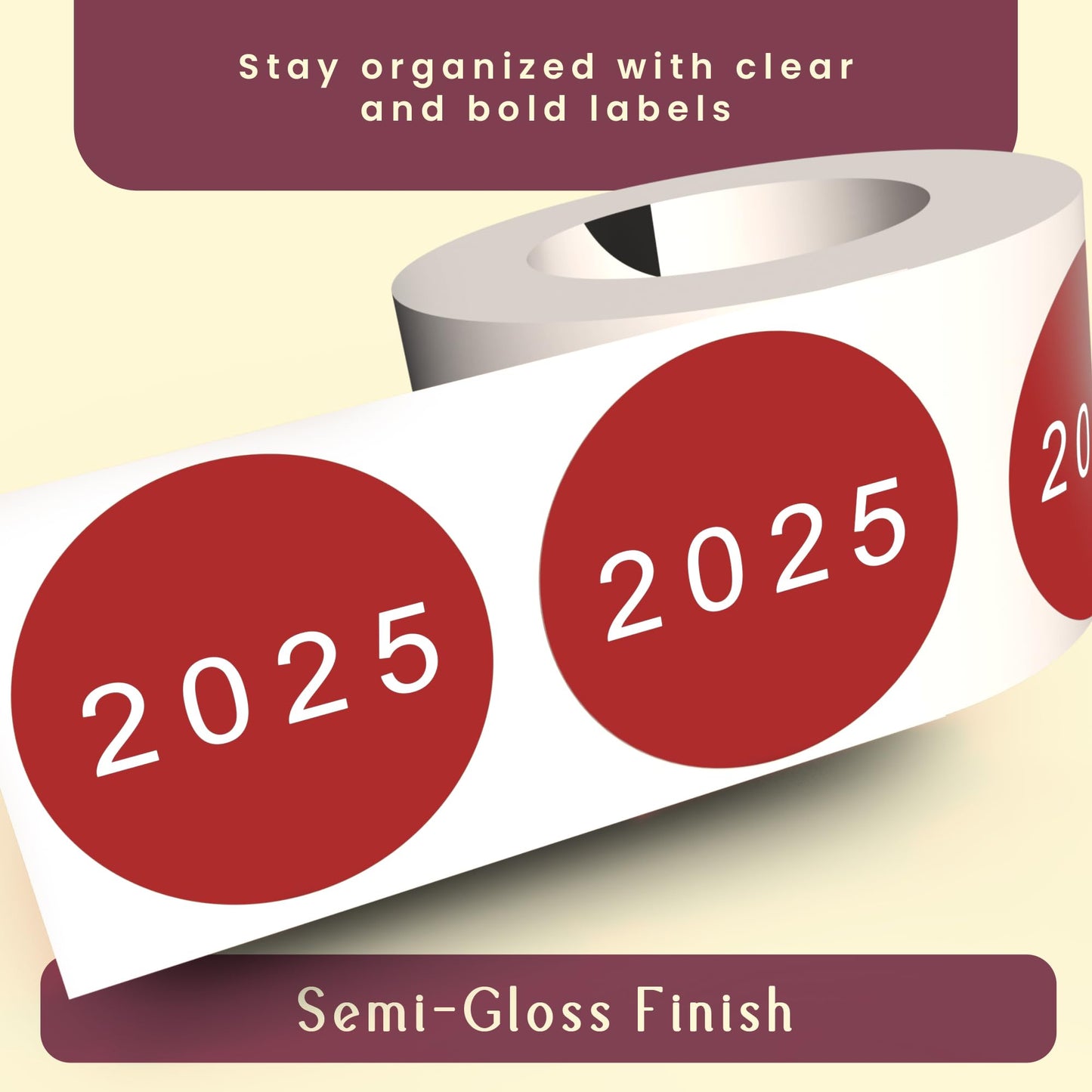 InStockLabels 2025 Year Stickers (Cranberry) - 0.75", 500 Round Stickers Per Roll – Round Labels for File Folders, Sticker Labels for End of Year Organization, Circle Stickers for Office & Home Use