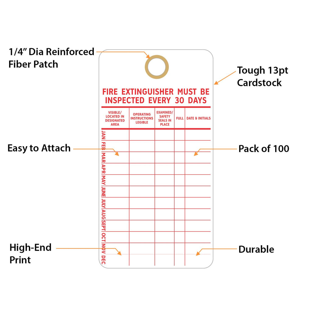 SmartSign “Fire Extinguisher Must Be Inspected Every 30 Days” Monthly Inspection Tags, 5.75 x 3 inch 13 Point Cardstock, Red and White (Pack of 100)