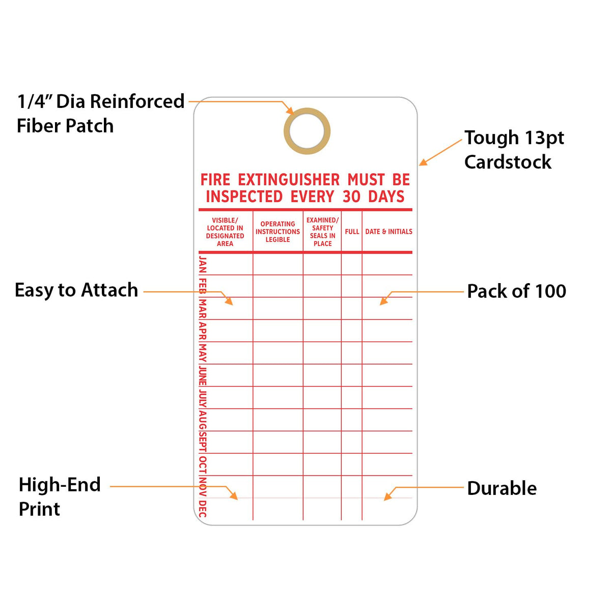 SmartSign “Fire Extinguisher Must Be Inspected Every 30 Days” Monthly Inspection Tags, 5.75 x 3 inch 13 Point Cardstock, Red and White (Pack of 100)