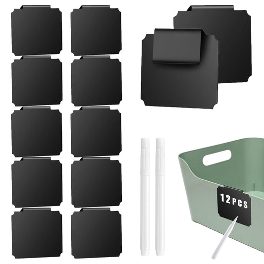14 Plastic Basket Labels Clip On Set - Removable Bin Labels Clip On with 2 Chalk Markers for Basket Pantry Organization Box