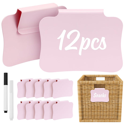 12PCS Basket Labels Clip On for Storage Bins, Removable & Erasable Bin Labels Clips On, Laundry Kitchen Pantry Labels for Organizing Baskets Cube Box (Pink) Pink-12pcs
