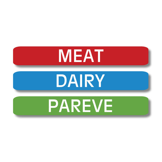 Lovable Labels Kosher Labels, 120 Pre-Printed Meat, Dairy and Pareve Kosher Stickers, Microwave, Freezer and Dishwasher Safe, Color Coded Kitchen Stickers for Kosher Kitchen. (Blue/Red/Green) Blue/Red/Green
