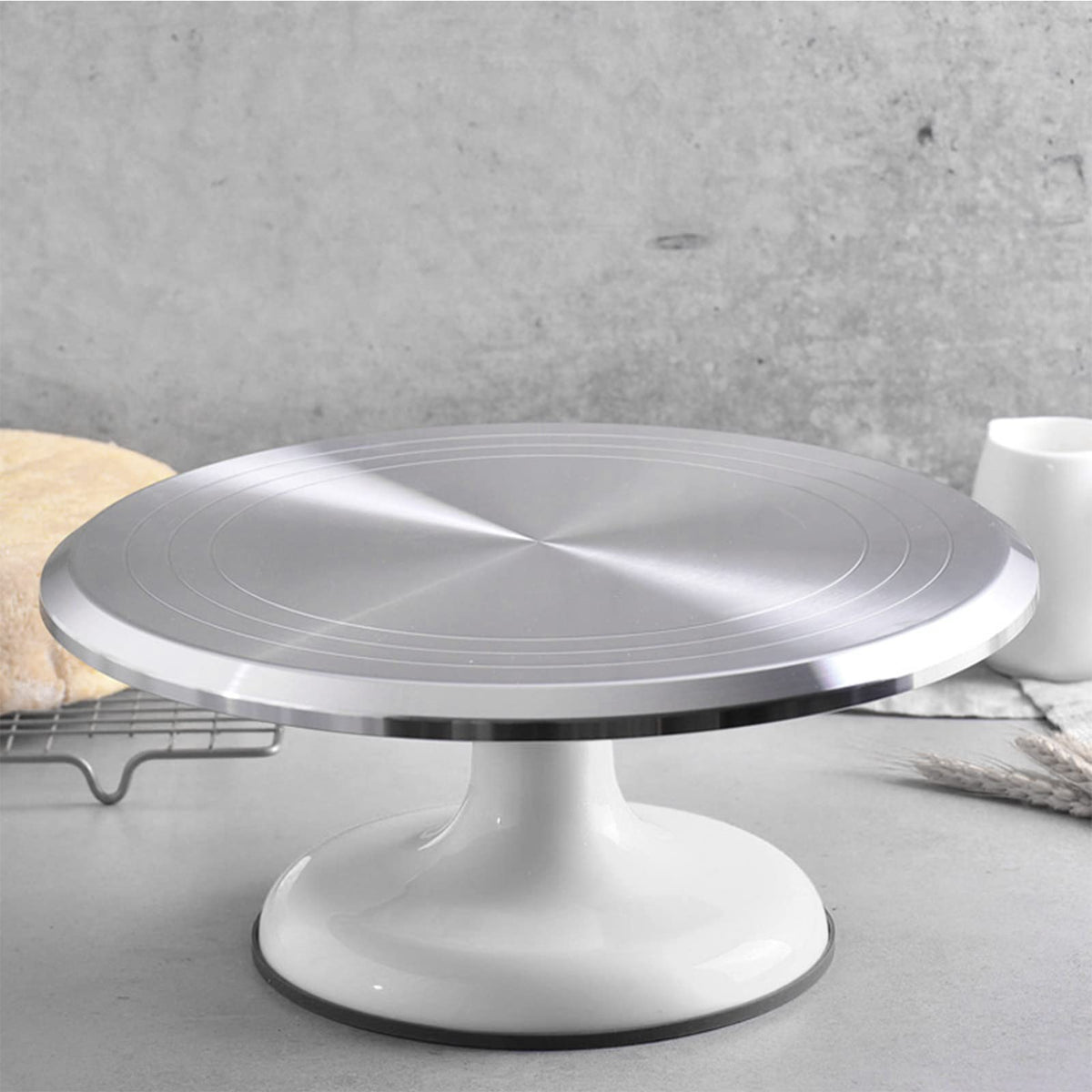 10 Inch Revolving Cake Decorating Stand, Professional Aluminum Alloy Cake Turntable with Silent Bearing, Easy Access to All Sides for Frosting, Smooth Smoothing (White)