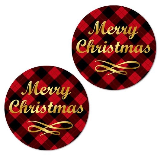 126 Plaid Merry Christmas Stickers, 1 Inch Big Round Glossy Labels, Great for Holiday Season Gifts, Gift Bag, Cards, Envelopes, Boxes, Tags, and Supplies. Made in USA