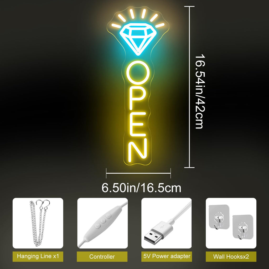 Diamond Open Neon Sign, Jewelry Store LED Window Light for Boutique Display