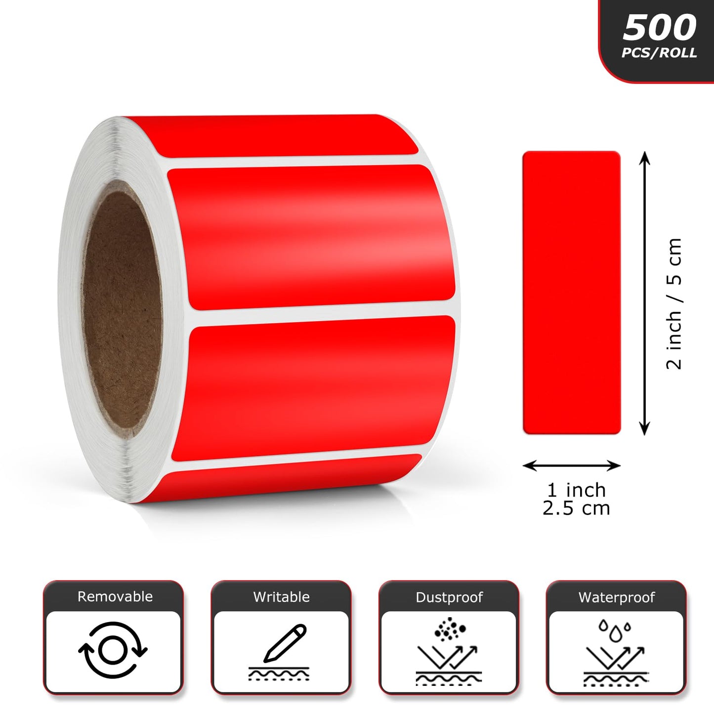 Red Rectangle Stickers 2 x 1 Inch Color Coding Labels Vinyl Roll Self-Adhesive Waterproof Removable 500 PCS Red
