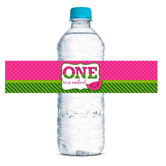Sweet First Birthday Pink Watermelon Birthday Waterproof Water Bottle Sticker Wrappers, 20 1.75" x 8.5" Wrap Around Labels by AmandaCreation