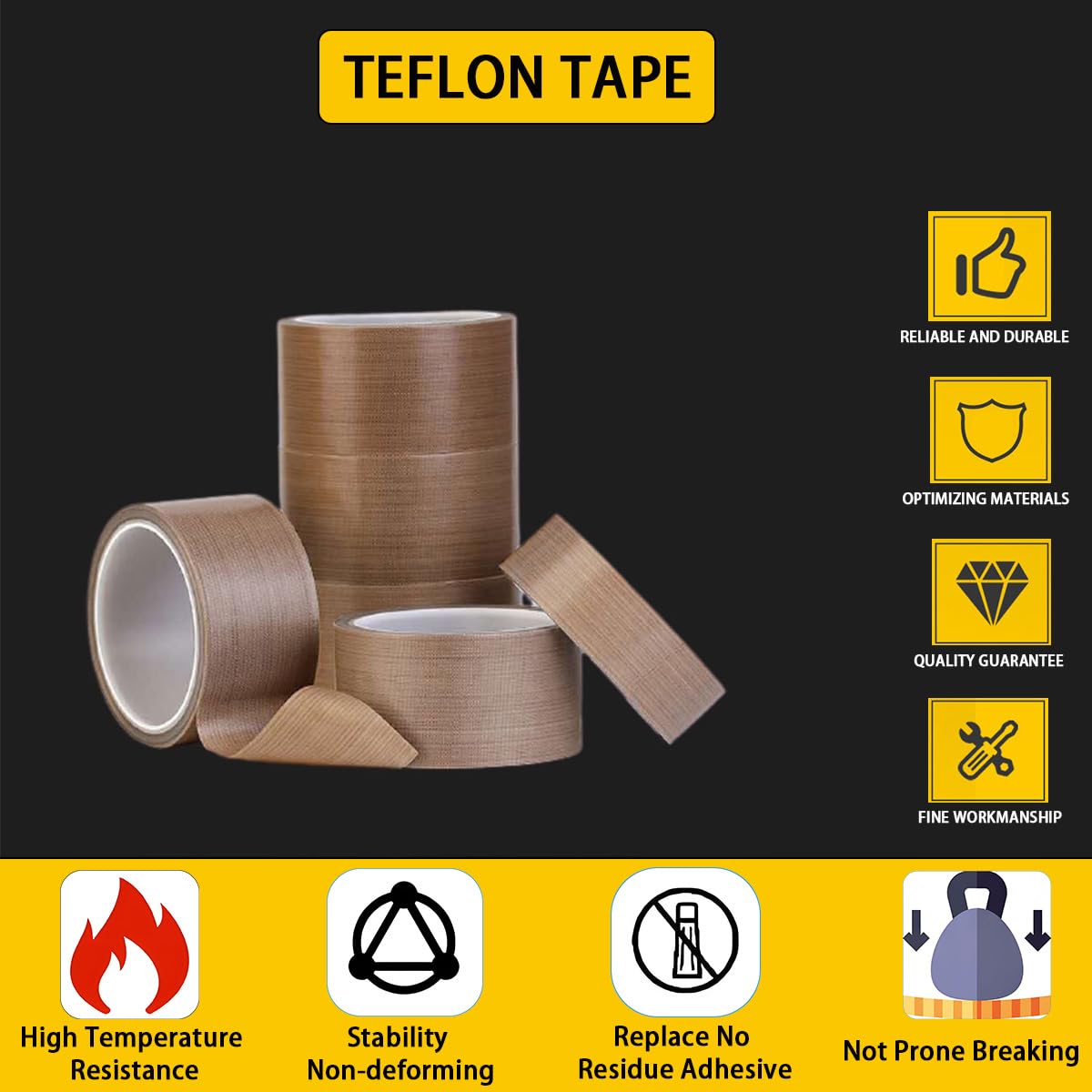 PTFE Coated Fabric Tape Teflon Adhesive Tape High Temperature Vacuum, Hand and Impulse Sealers Machine Sealing Tape 0.18mm Thick (25mm-5M)