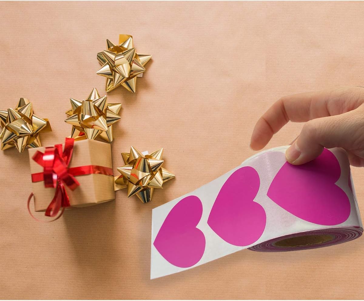 Happy Mother's Day Stickers, 2 Inch Fluorescent Pink Heart Shaped Stickers – 500 Per Roll Adhesive Labels for Gift Wrapping, Envelope Sealing & Decor