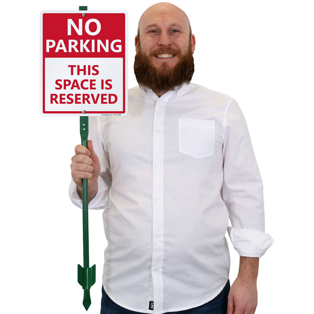 SmartSign 12 x 10 inch “No Parking - This Space Is Reserved” LawnBoss Yard Sign with 3 foot Stake, 40 mil Aluminum, Laminated Rustproof Aluminum, Red and White, Set of 1 10" x 12" Aluminum Sign with 3' Stake