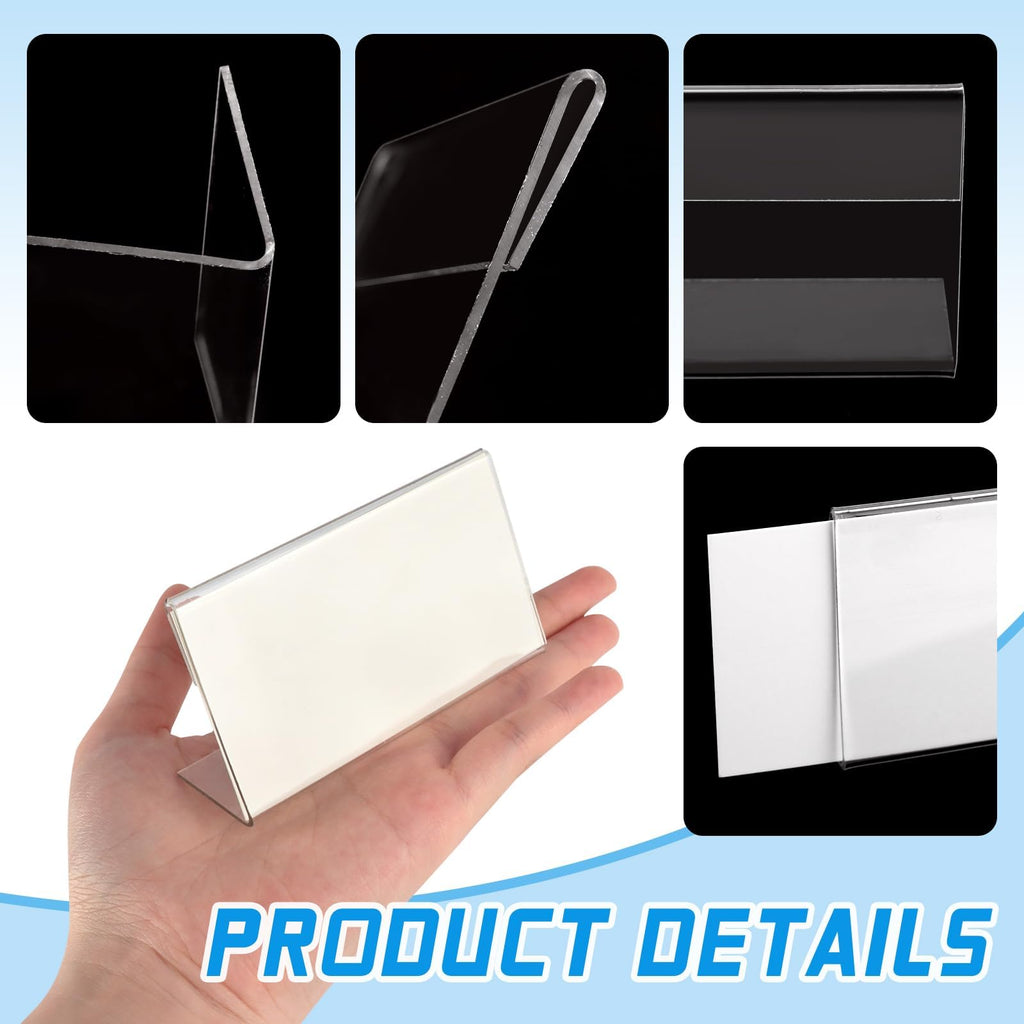30 Pack Mini Clear Sign Display Holder with Blank Labels,3.5*2.4 Inch Horizontal Slanted L-Shape Plastic Name Card Price Card Tag Label Counter Top Stand