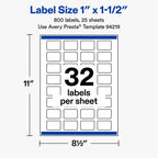 Avery® Matte White Rectangle Labels, 1" x 1.5", 800 Total 800 labels