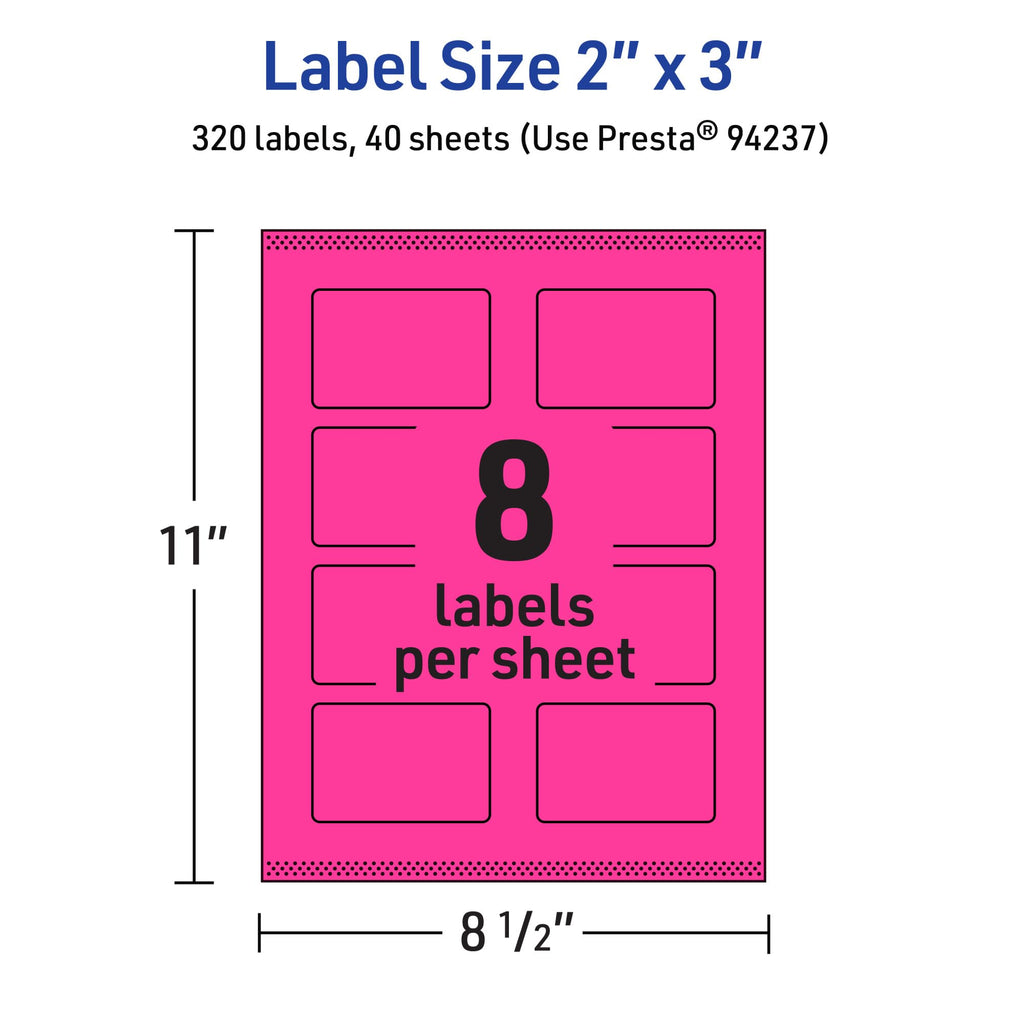 Avery® Printable Rectangle Labels, Sure Feed® Technology, 2" x 3", Neon Magenta Labels, Print-to-The-Edge, Laser/Inkjet Printable, 320 Total, Great for Mailing and Candles 320 labels