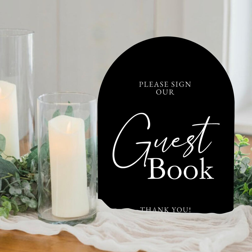Black Arch Acrylic Guest Book Sign with Stand 8"x10"