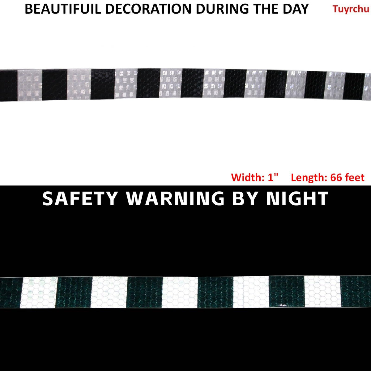 Black White Reflective Tape Outdoor Waterproof 1 inch X 66 feet, High Visibility Hazard Conspicuity Safety Industrial Marking Tape