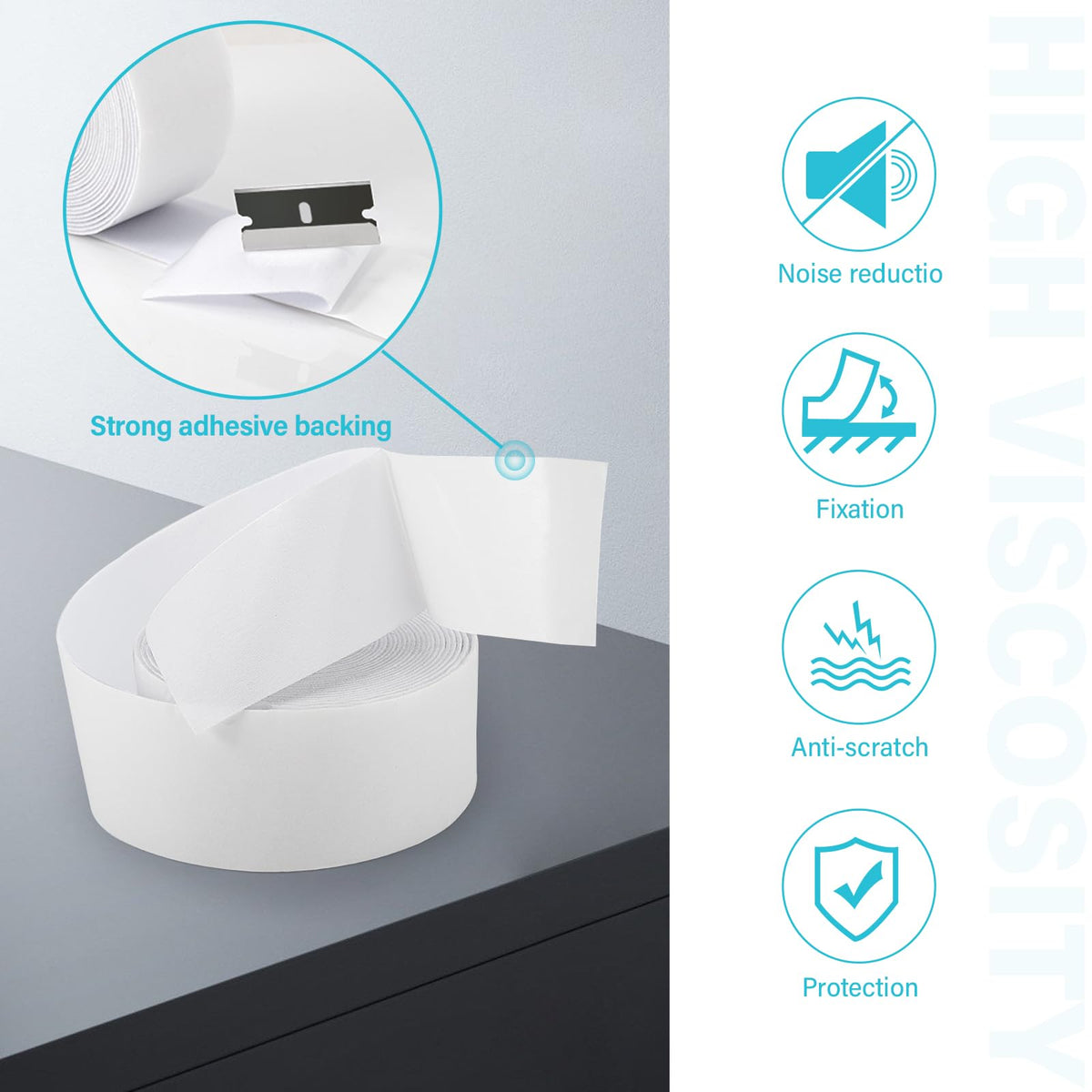 Gomake Adhesive Felt Tape Vinyl Squeegee Buffer White Self-Adhesive Soft Fiber Felt Roll for Vinyl Squeegee Replacement and Protecting Furniture Hard Surfaces DIY Adhesive-196.9 inch Length