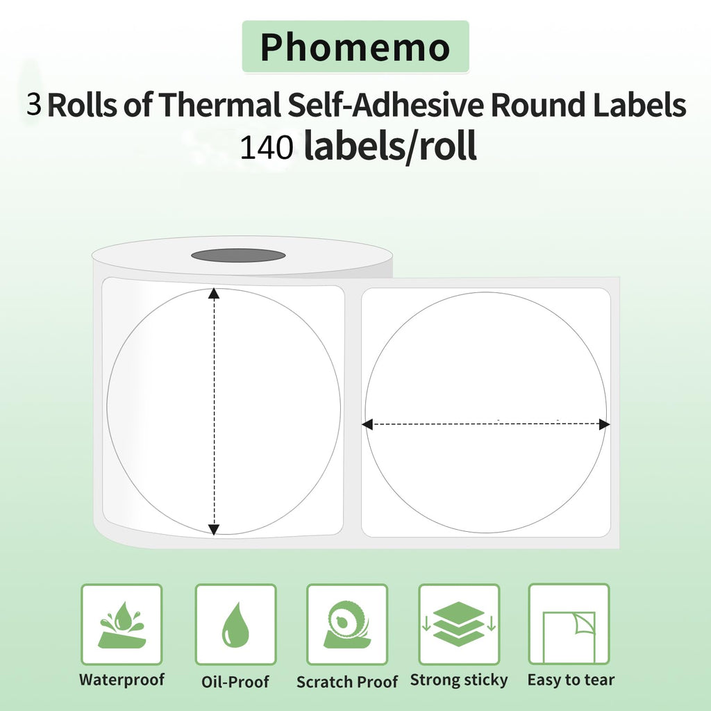 Phomemo Labels- 3 Rolls M110/M220/M221/M120/M200 Round Circle Thermal Paper 1.96" x 1.96"（50x50 mm, Thermal Sticker Round Label for Small Business White 1.96" x 1.96"