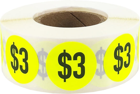 InStockLabels.com $3 Price Stickers Fluorescent Yellow .75 Inch Round Circle Dots 500 Total Adhesive Stickers
