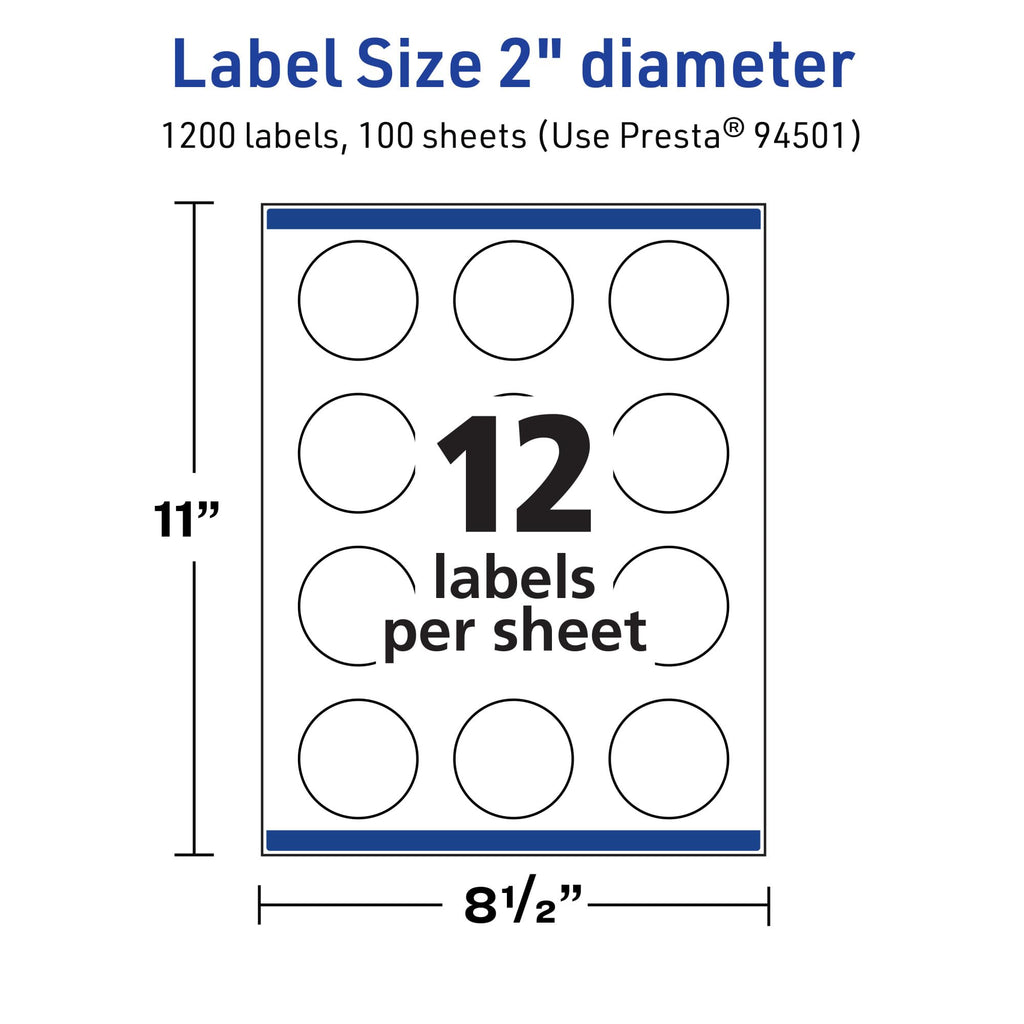 Avery TrueBlock Matte White Round Labels, Sure Feed Technology, 2" Diameter, 1,200 Matte White Labels, Print-to-The-Edge, Laser/Inkjet Printable, Great for Making Stickers or Product Merchandising 1,200 labels
