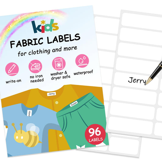 No-Iron Fabric Labels, Kids Clothing Labels Self-Stick Write-On, Name Labels for Daycare, Camp, School, Toys, Organizing, Washer & Dryer Safe, Pack of 96, 2 Sizes White_ Multiple Sizes