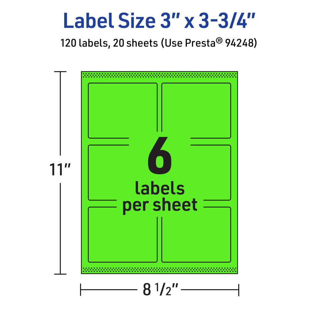 Avery® Printable Rectangle Labels, Sure Feed® Technology, 3" x 3-3/4", Neon Green Labels, Print-to-The-Edge, Laser/Inkjet Printable, 120 Total, Great for Candles and Ingredients 120 labels