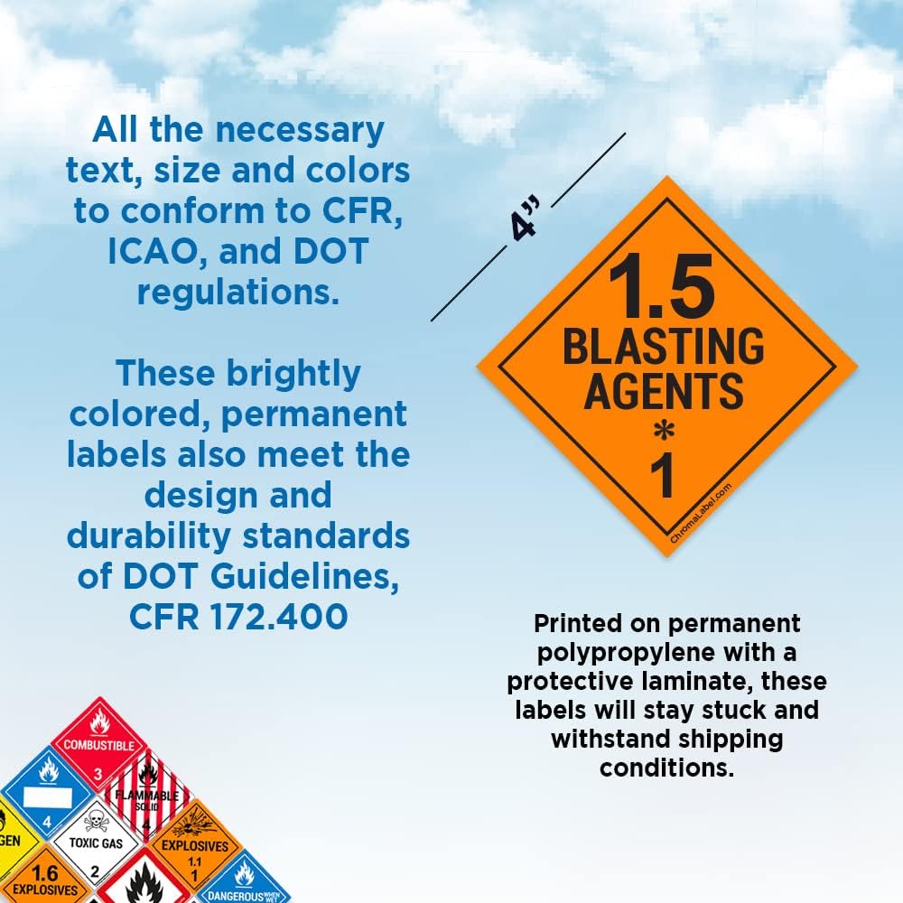 ChromaLabel 4x4 Hazard Class 1.5 Blasting Agents durable square D.O.T. industrial label on a roll, 4-inch size for safety marking