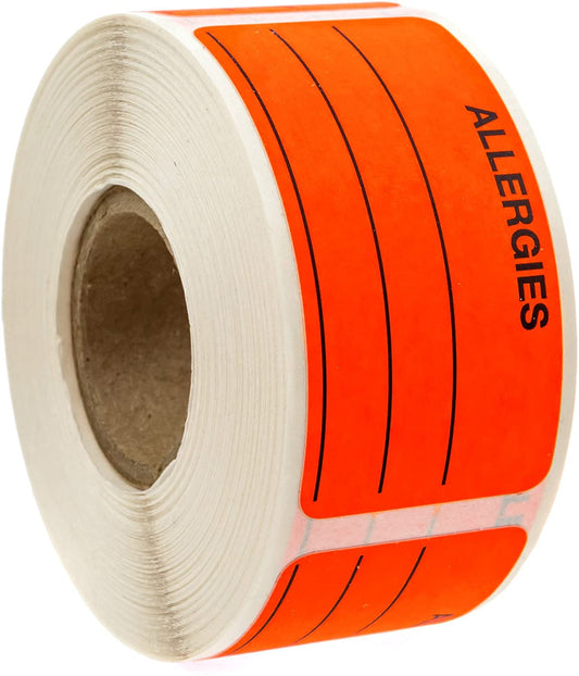 Allergies Sticker with Dispenser Box / 250 Allergy Stickers/Fluorescent Red Warning 1.125" x 2.25" Label