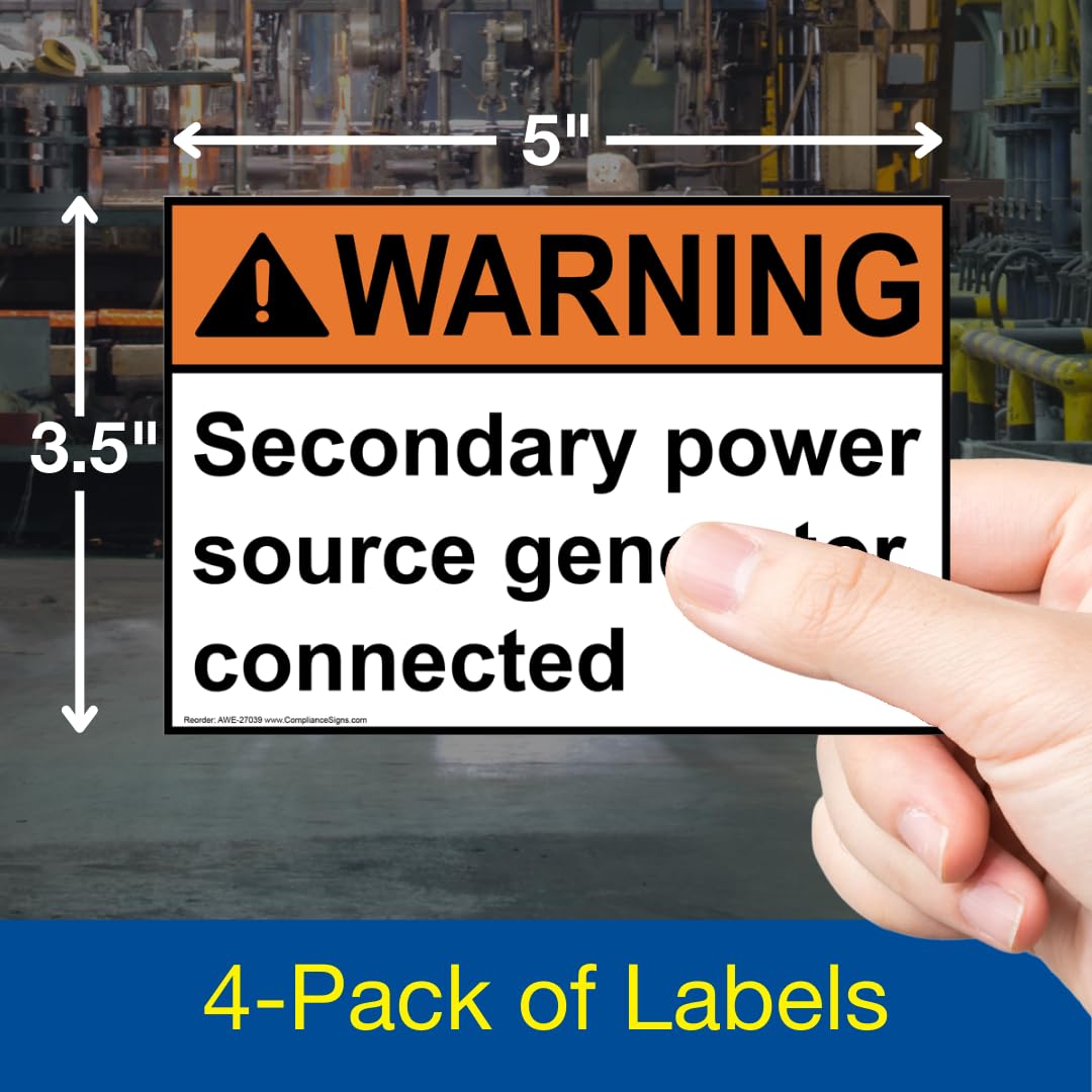 ComplianceSigns.com Warning Secondary Power Source Generator Connected ANSI Label Decal, 5x3.5 inch 4-Pack Vinyl for Electrical Industrial Notices