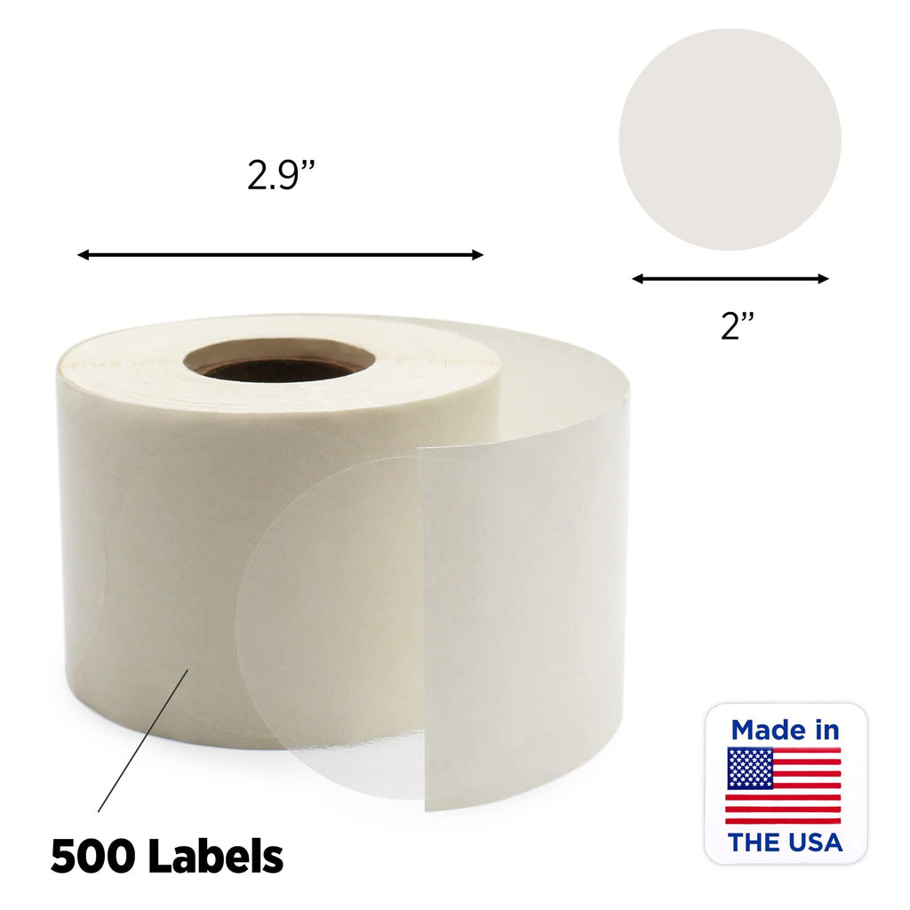 ChromaLabel 2-inch clear round wafer seals on a roll, 500 seals per roll, used for sealing jars or containers.