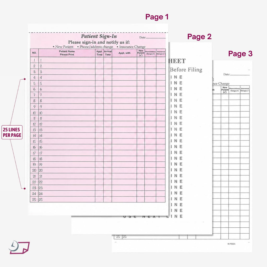 NextDayLabels Patient Sign-in Sheet, 3-Part, Made in USA, Burgundy, 25 Sets