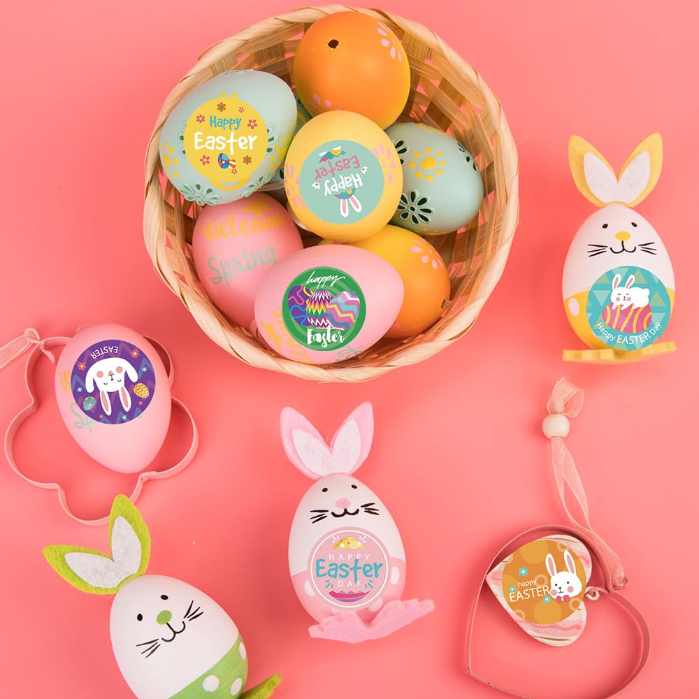 GeRRiT 500 PCS Cute Easter Stickers 1.5 Inch Happy Easter Label Stickers Self-Adhesive Bunny Stickers Easter Egg Stickers Party Decorative Supplies for Card Gift Envelopes Decoration, 1 Roll