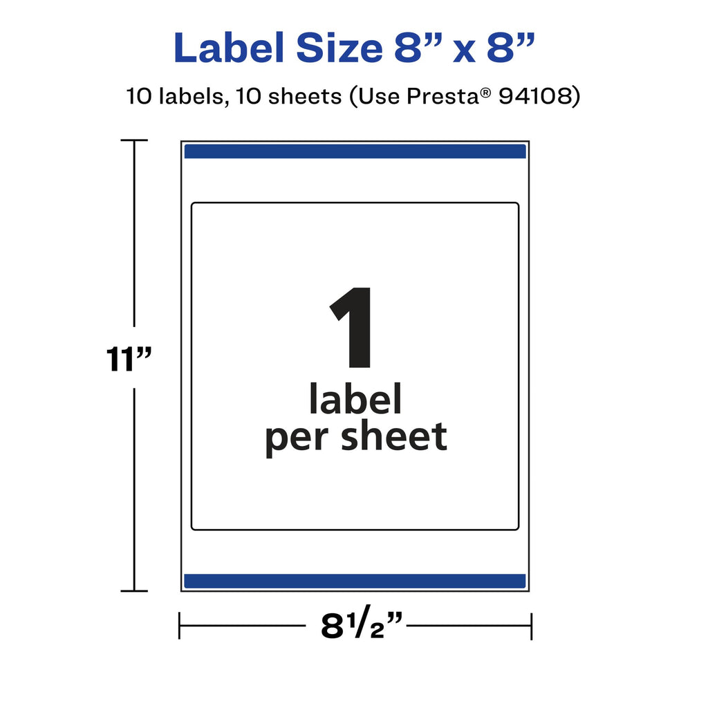 Avery® Glossy Clear Square Labels, Sure Feed® Technology, 8" x 8", 10 Glossy Clear Labels, Laser/Inkjet Printable 10 labels