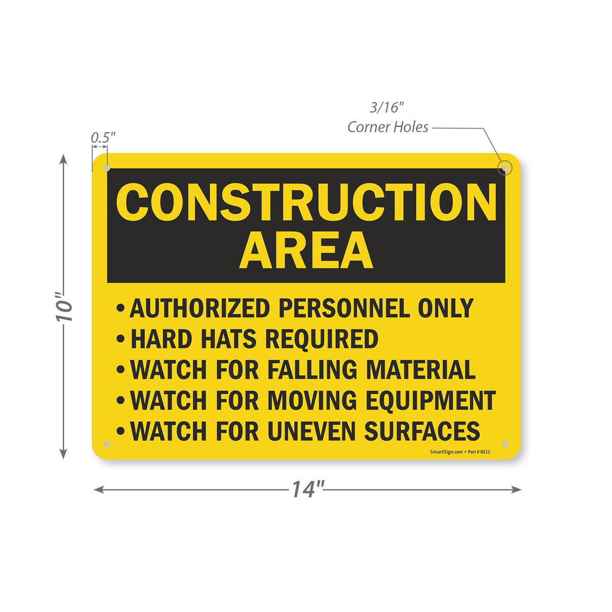 SmartSign "Construction Area - Authorized Personnel Only, Hard Hats Required" Sign | 10" x 14" Aluminum 10" x 14"