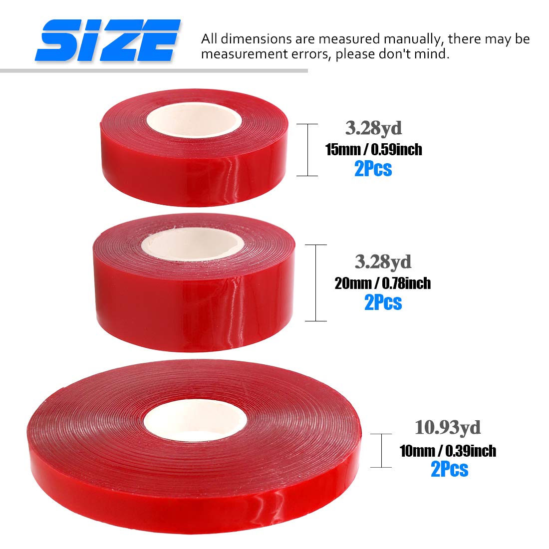 Glarks 6 Roll Acrylic Double Sided Weatherproof Heavy Duty Heat Resistant High Adhesion Tape Roll, Clear Sticker for Industry, Auto and House Dcor-32.8ft x 0.39inch, 9.8ft x 0.59inch, 9.8ft x 0.78inch