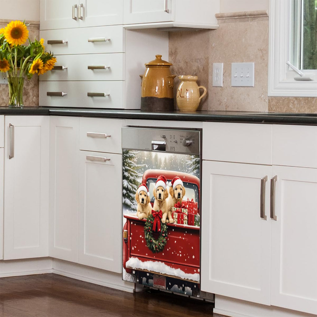 Dishwasher Magnet Cover Christmas Red Truck Dog Sticker Decorative