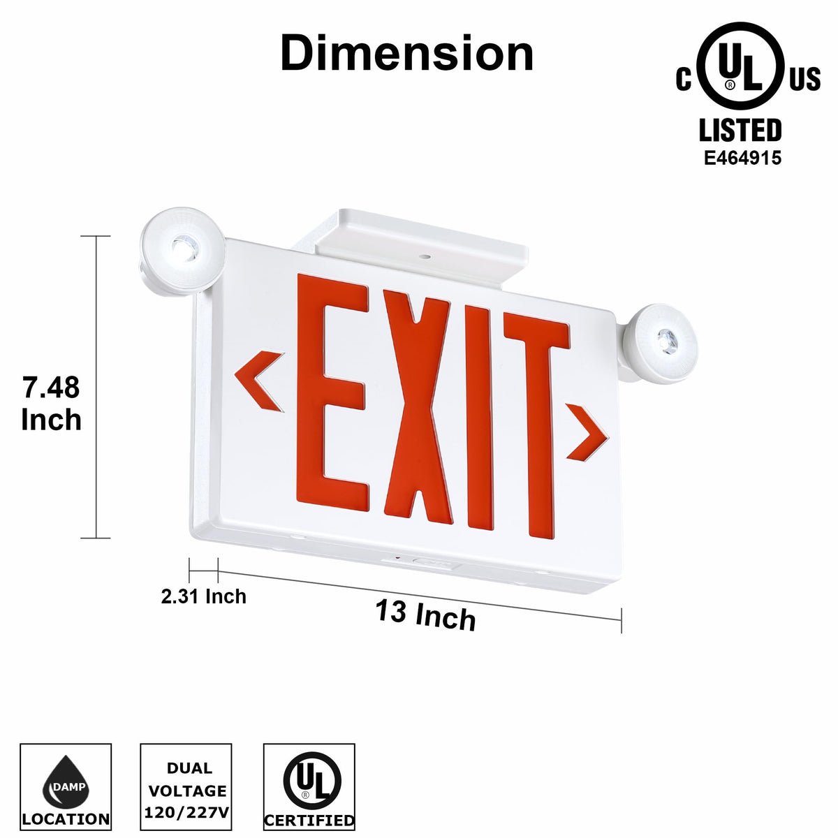 Gruenlich Exit Sign with Emergency Light, Battery Backup, 1 Pack 1-Pack