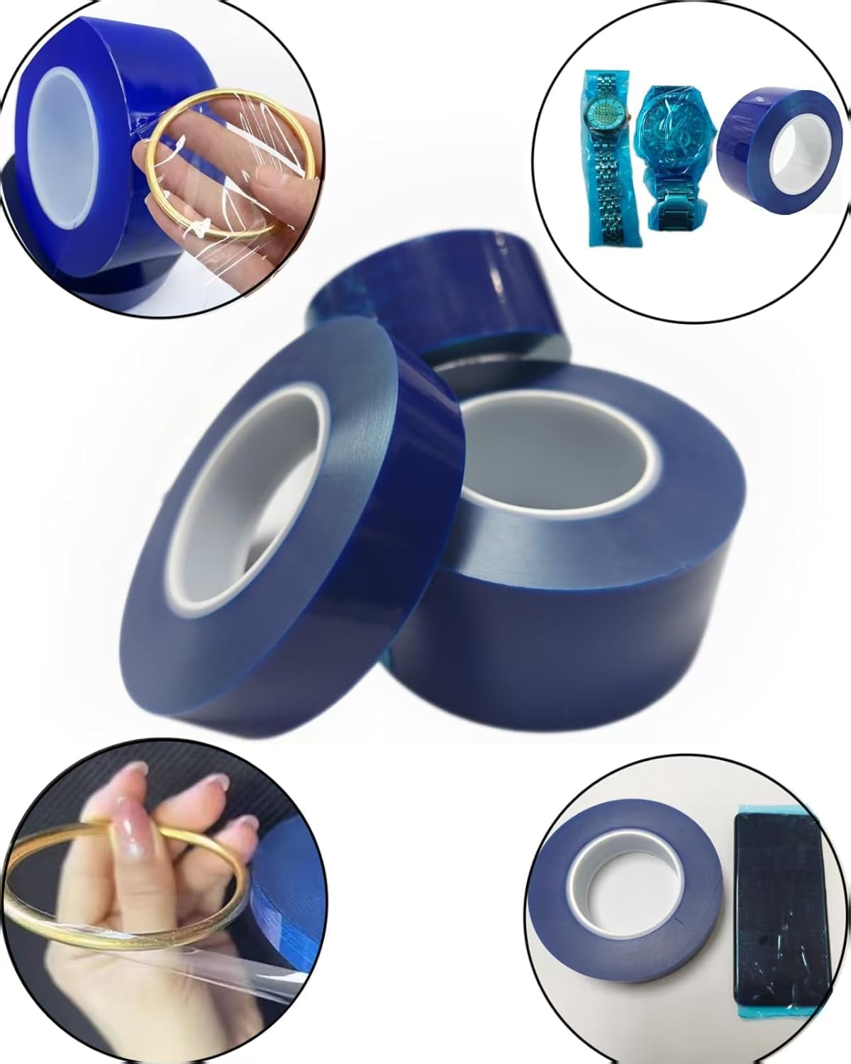 A roll of ultra-high viscosity durable polyethylene blue adhesive film, suitable for protecting materials such as steel, household appliances, hardware, etc. It is 1.2 inches high and 656.2 feet long