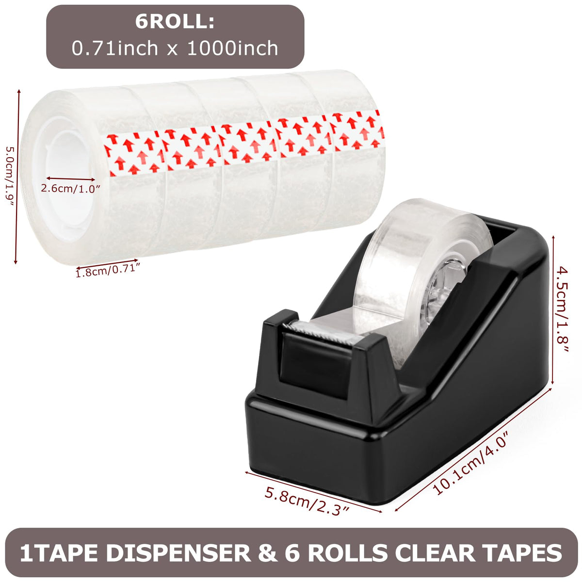 Desktop Tape Dispenser Black with Weighted Nonskid Base - Includes 6 Rolls of Transparent Tape (0.71 Inch x 1000 inches Each) Black (6pcs Tape)