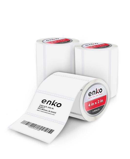 enKo 4" x 2" Labels for Zebra Desktop Printers (3 Rolls | 2,250 Labels) Direct Thermal Address Mailing Shipping Barcode FBA Stickers FNSKU Label for Zebra and Eltron (Perforated) 3 Rolls - 2,250 Labels