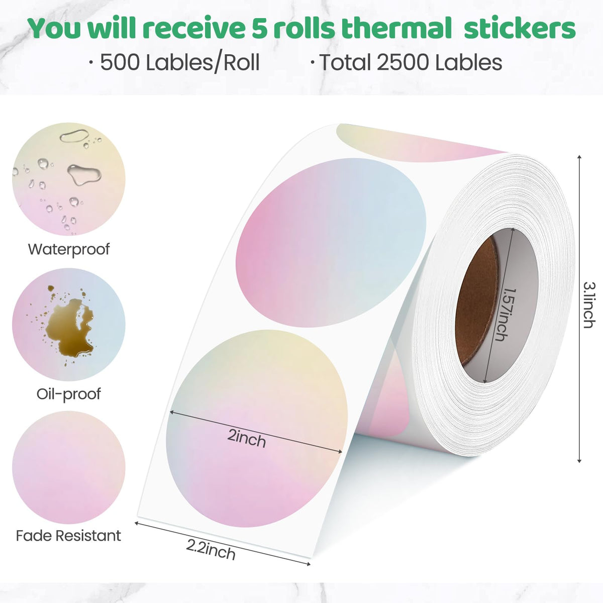 2500 Pcs 2 Inch Round Circle Thermal Sticker Labels for Printer Gradient Color