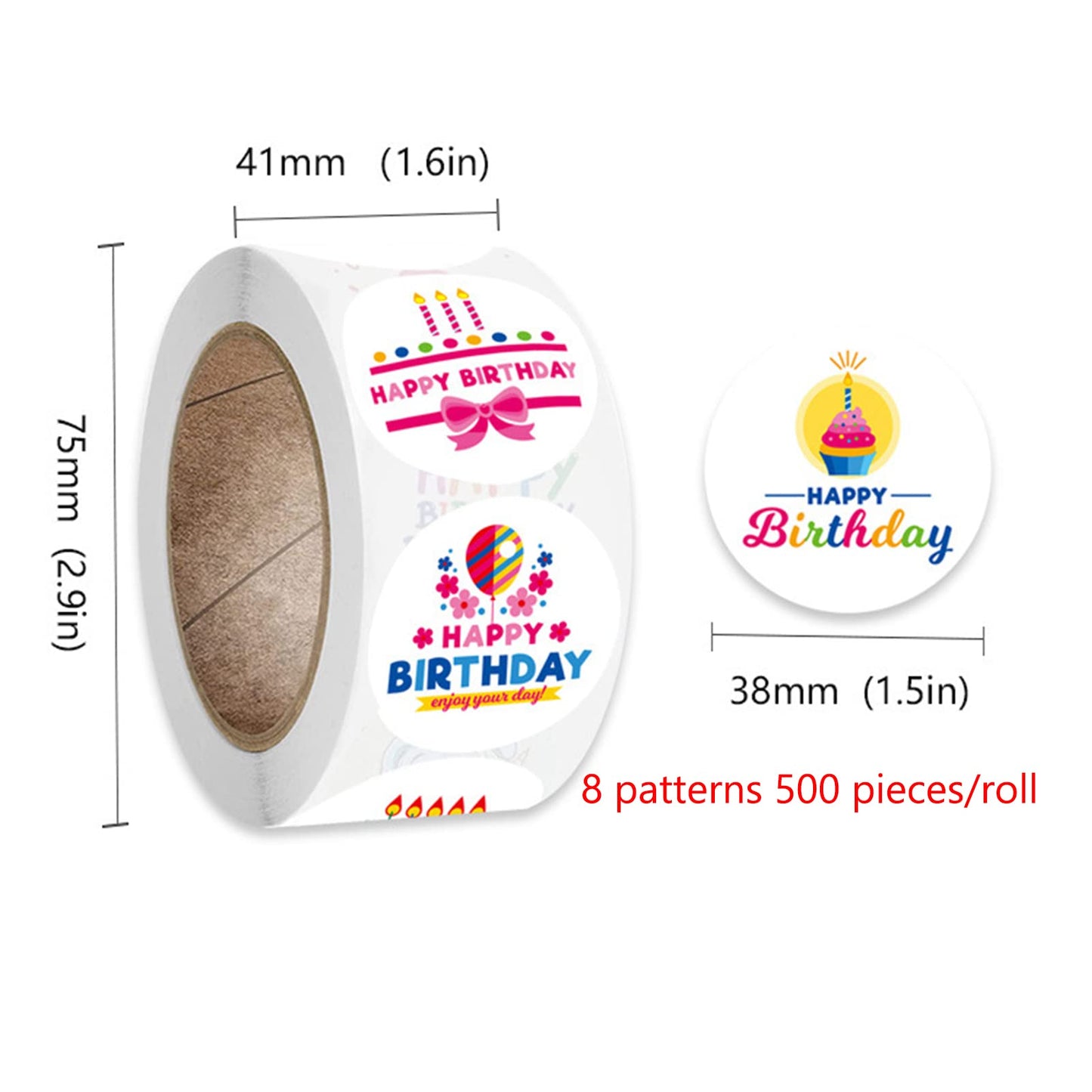 Happy Birthday Stickers Roll 1.5" Round 500pcs Self Adhesive Birthday Sticker for Kids Adults Envelope Seals Cards